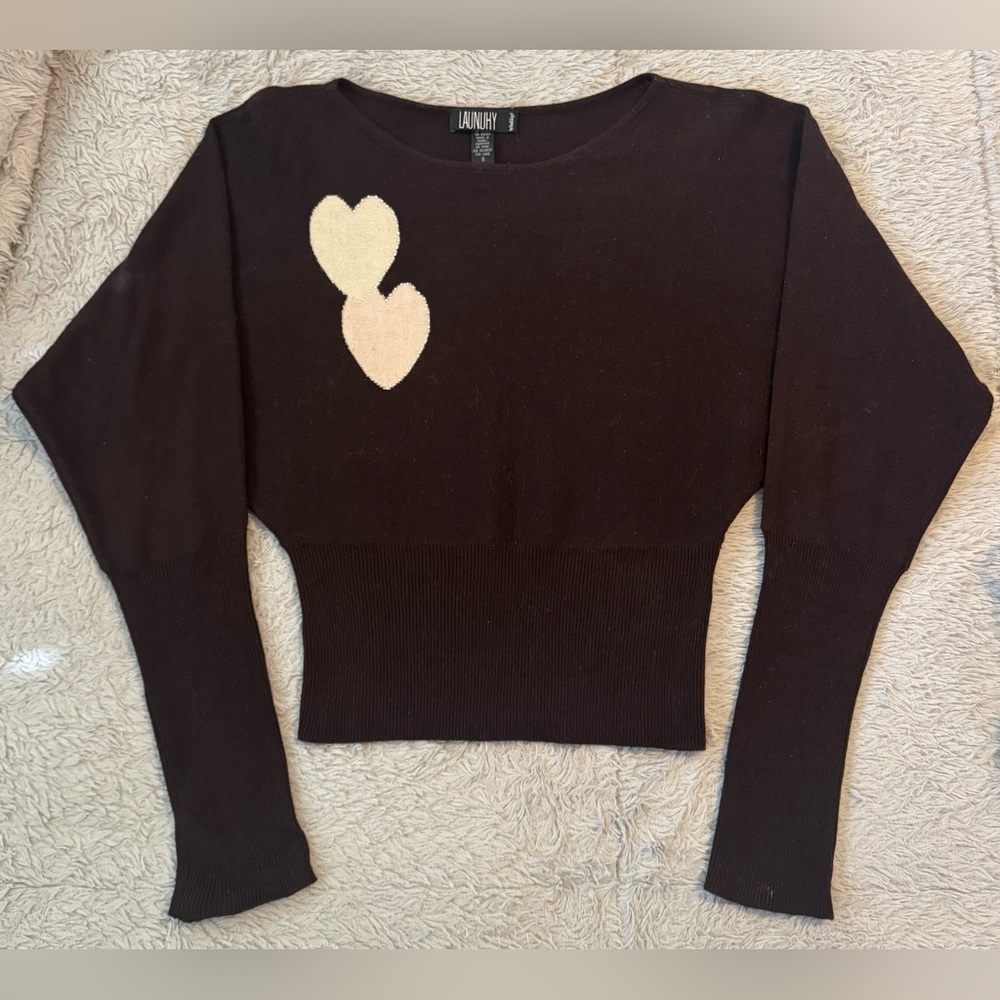 Laundry By Shelli Segal Y2K Brown, Cream Fitted Batwing Cashmere & Silk Sweater